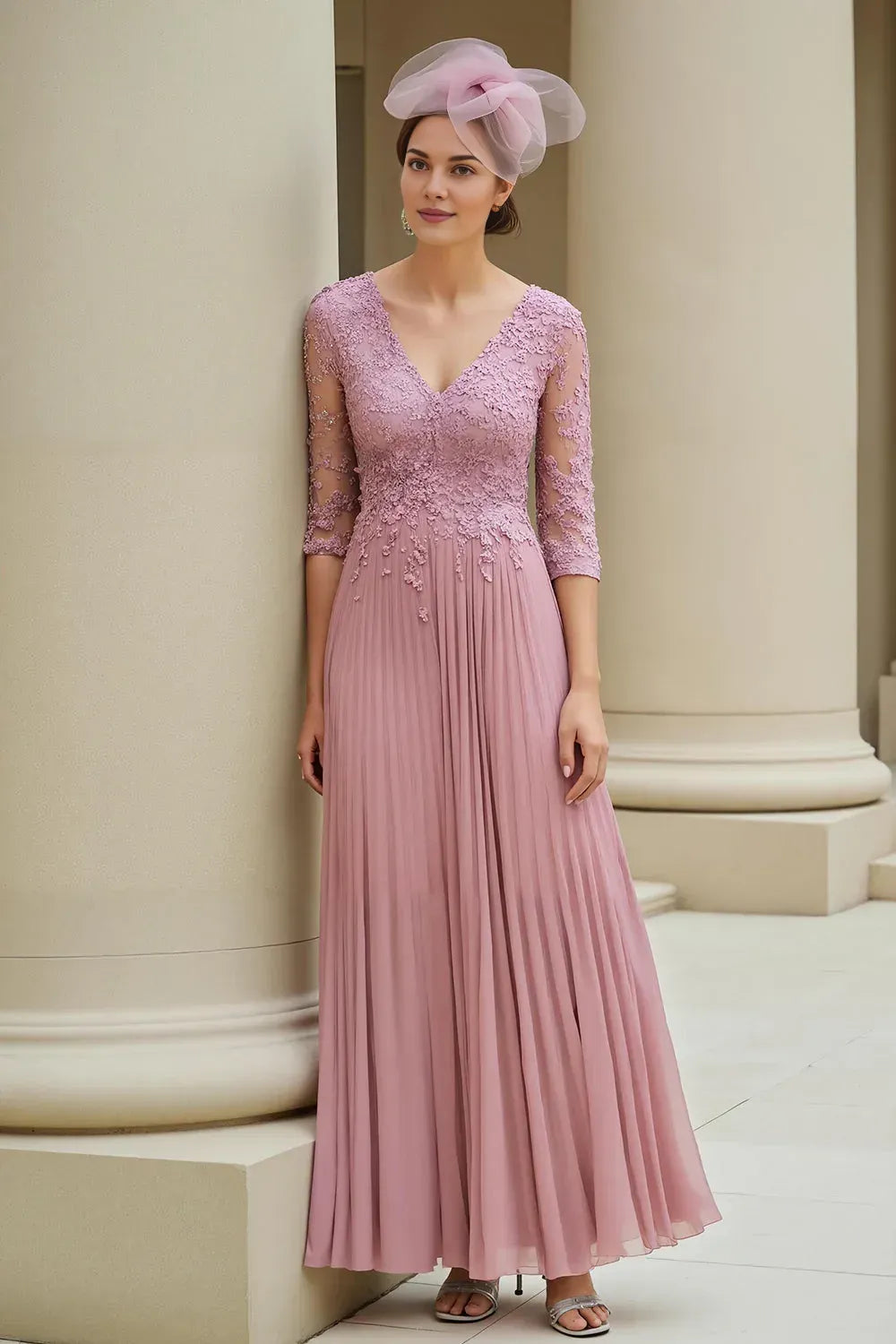Graceful A-Line V-Neck 3/4 Sleeves Appliques Floor-Length Mother of the Bride Dress
