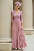 Graceful A-Line V-Neck 3/4 Sleeves Appliques Floor-Length Mother of the Bride Dress