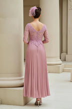 Graceful A-Line V-Neck 3/4 Sleeves Appliques Floor-Length Mother of the Bride Dress