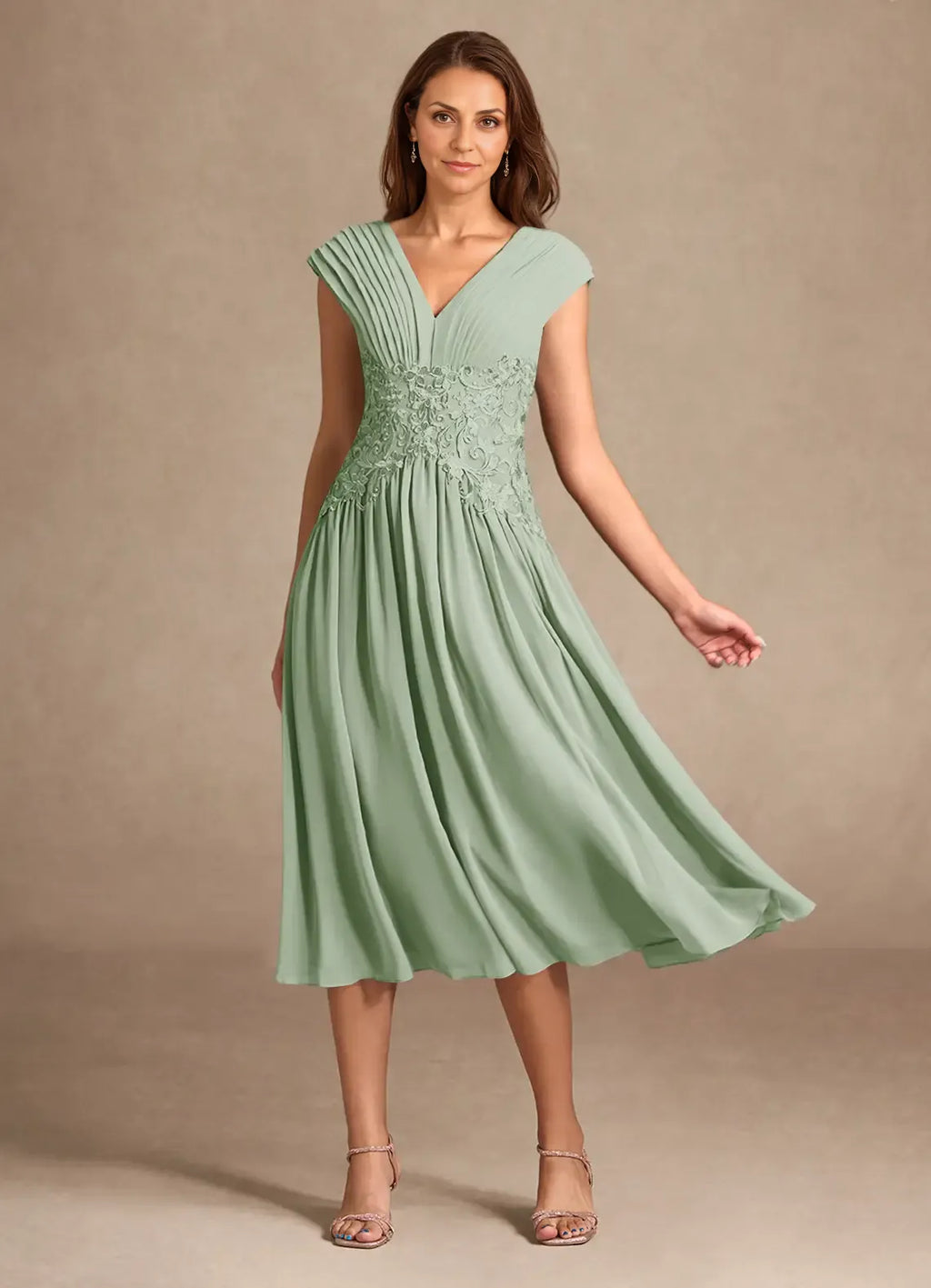 Graceful A-Line V-Neck Sleeveless Back Zip Tea-Length Mother of the Bride Dress