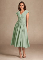 Graceful A-Line V-Neck Sleeveless Back Zip Tea-Length Mother of the Bride Dress