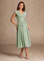 Graceful A-Line V-Neck Sleeveless Back Zip Tea-Length Mother of the Bride Dress