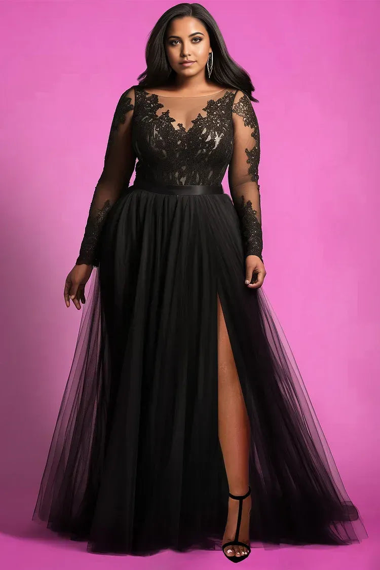 Graceful A-Line V Neck Long Sleeve Split Floor Length Plus Size Prom Dress