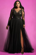 Graceful A-Line V Neck Long Sleeve Split Floor Length Plus Size Prom Dress
