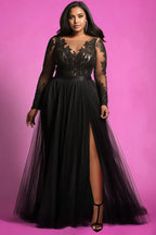 Graceful A-Line V Neck Long Sleeve Split Floor Length Plus Size Prom Dress