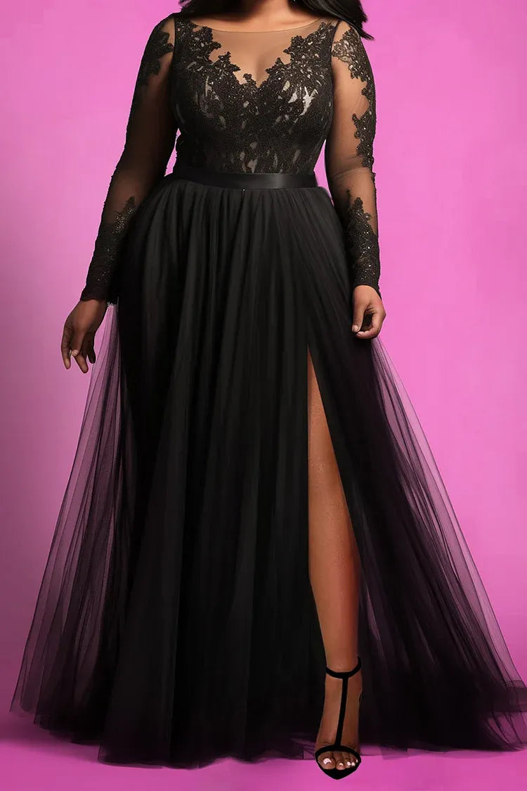 Graceful A-Line V Neck Long Sleeve Split Floor Length Plus Size Prom Dress