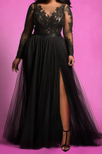 Graceful A-Line V Neck Long Sleeve Split Floor Length Plus Size Prom Dress