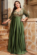 Graceful A-Line V Neck Short Sleeve Appliques Floor-Length Plus Size Mother of the Bride Dress