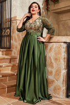 Graceful A-Line V Neck Short Sleeve Appliques Floor-Length Plus Size Mother of the Bride Dress