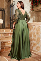 Graceful A-Line V Neck Short Sleeve Appliques Floor-Length Plus Size Mother of the Bride Dress