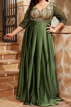 Graceful A-Line V Neck Short Sleeve Appliques Floor-Length Plus Size Mother of the Bride Dress