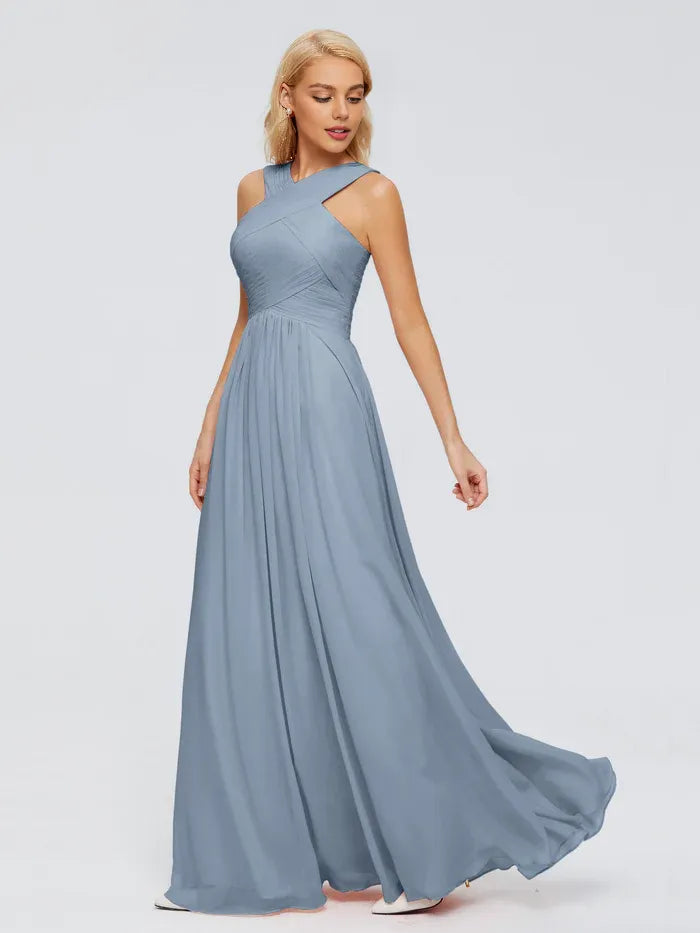 Graceful A-line Cross Straps Sleeveless Chiffon Pleated Floor Length Bridesmaid Dress