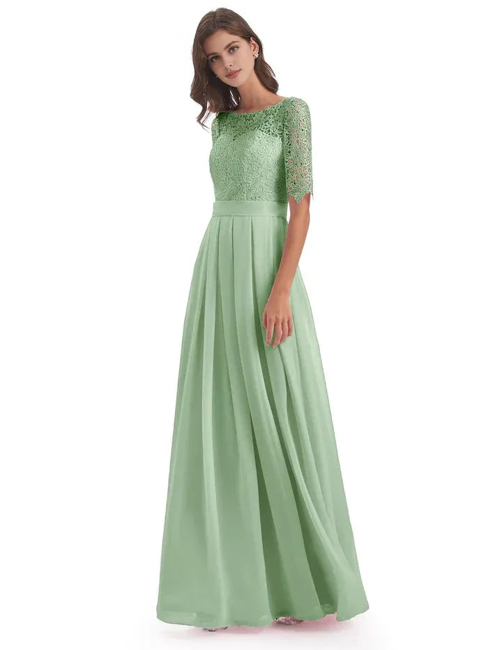 Graceful A-line Illussion Neck Half Sleeves Chiffon Lace Floor Length Bridesmaid Dress