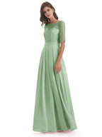 Graceful A-line Illussion Neck Half Sleeves Chiffon Lace Floor Length Bridesmaid Dress