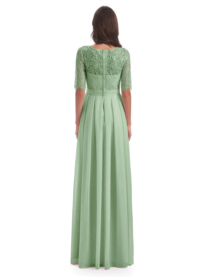Graceful A-line Illussion Neck Half Sleeves Chiffon Lace Floor Length Bridesmaid Dress