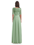 Graceful A-line Illussion Neck Half Sleeves Chiffon Lace Floor Length Bridesmaid Dress