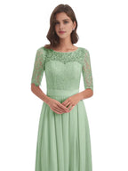Graceful A-line Illussion Neck Half Sleeves Chiffon Lace Floor Length Bridesmaid Dress
