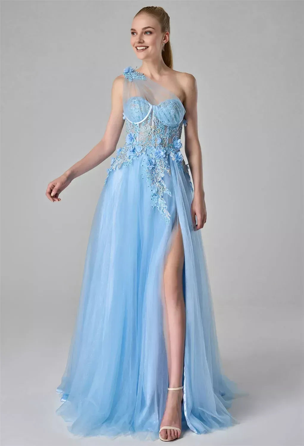 Graceful A-line One Shoulder Sleeveless Slit 3D Floral Floor Length Prom Dress