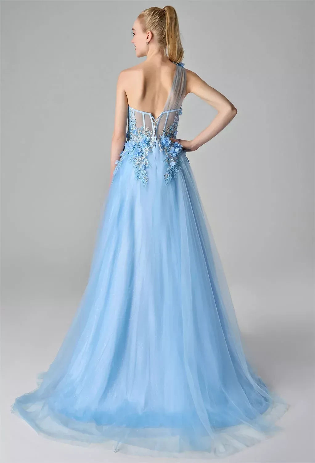 Graceful A-line One Shoulder Sleeveless Slit 3D Floral Floor Length Prom Dress