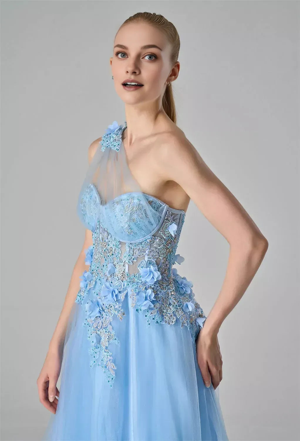 Graceful A-line One Shoulder Sleeveless Slit 3D Floral Floor Length Prom Dress