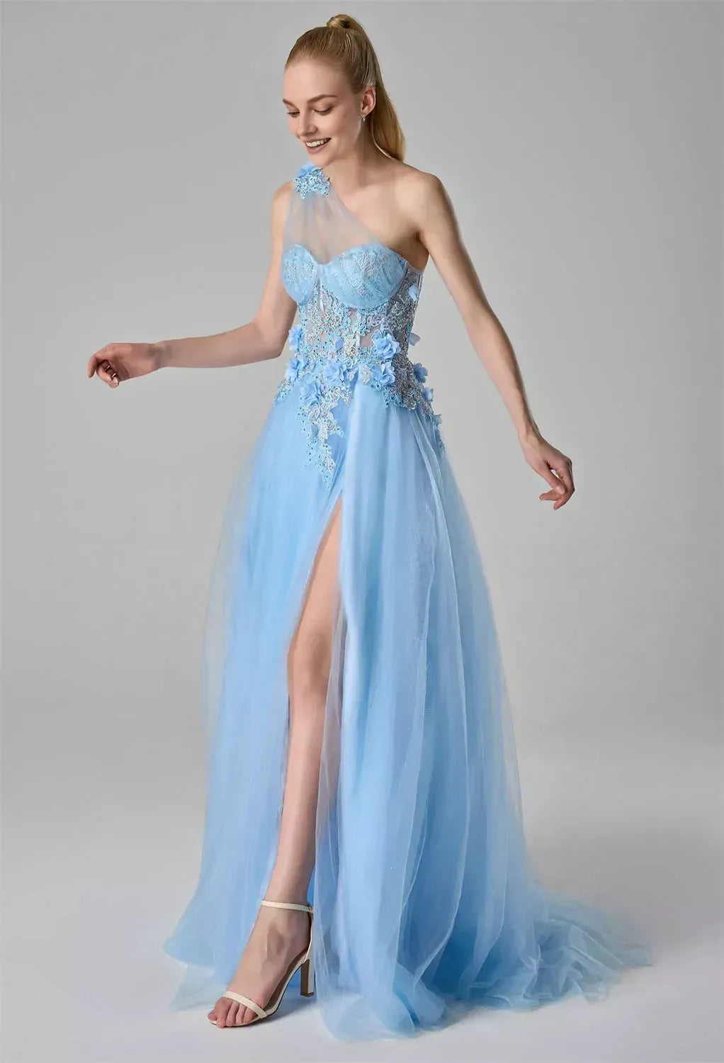 Graceful A-line One Shoulder Sleeveless Slit 3D Floral Floor Length Prom Dress
