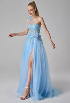 Graceful A-line One Shoulder Sleeveless Slit 3D Floral Floor Length Prom Dress
