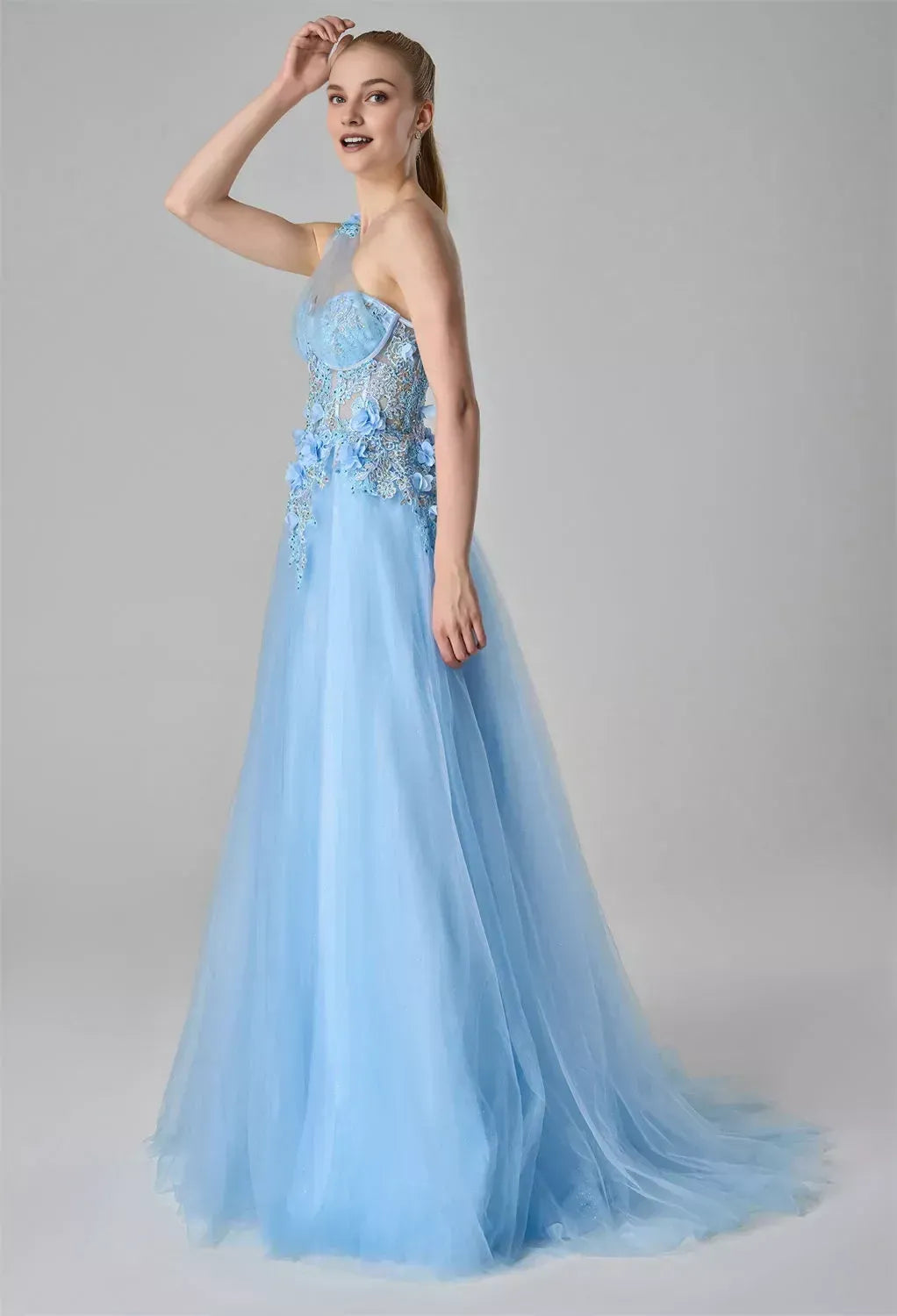 Graceful A-line One Shoulder Sleeveless Slit 3D Floral Floor Length Prom Dress