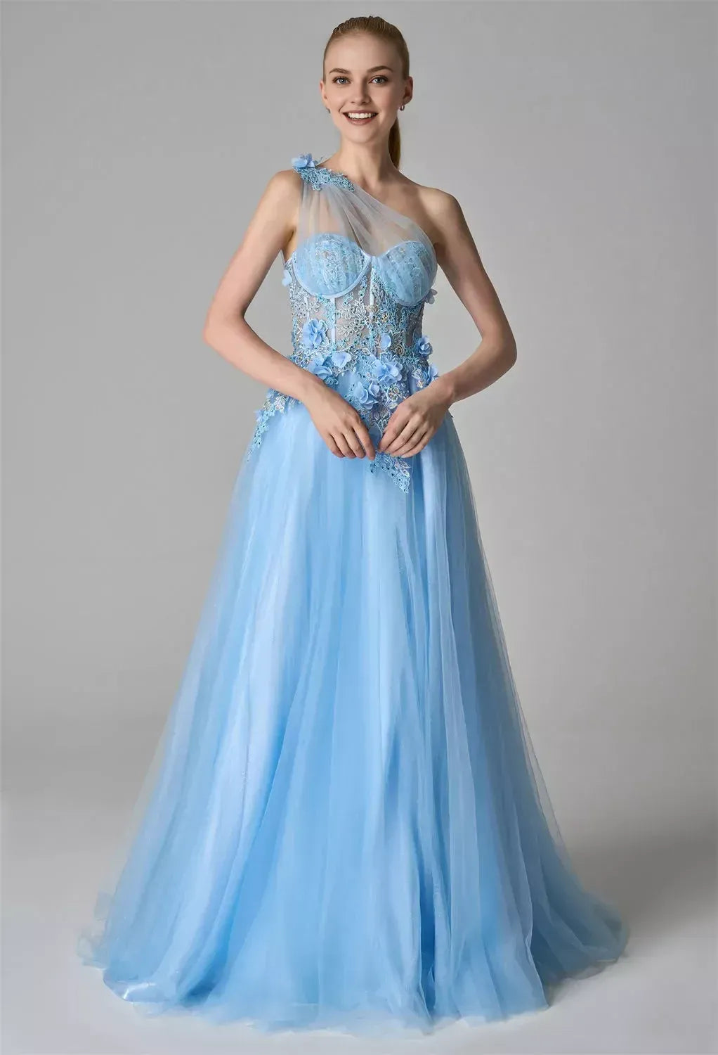 Graceful A-line One Shoulder Sleeveless Slit 3D Floral Floor Length Prom Dress