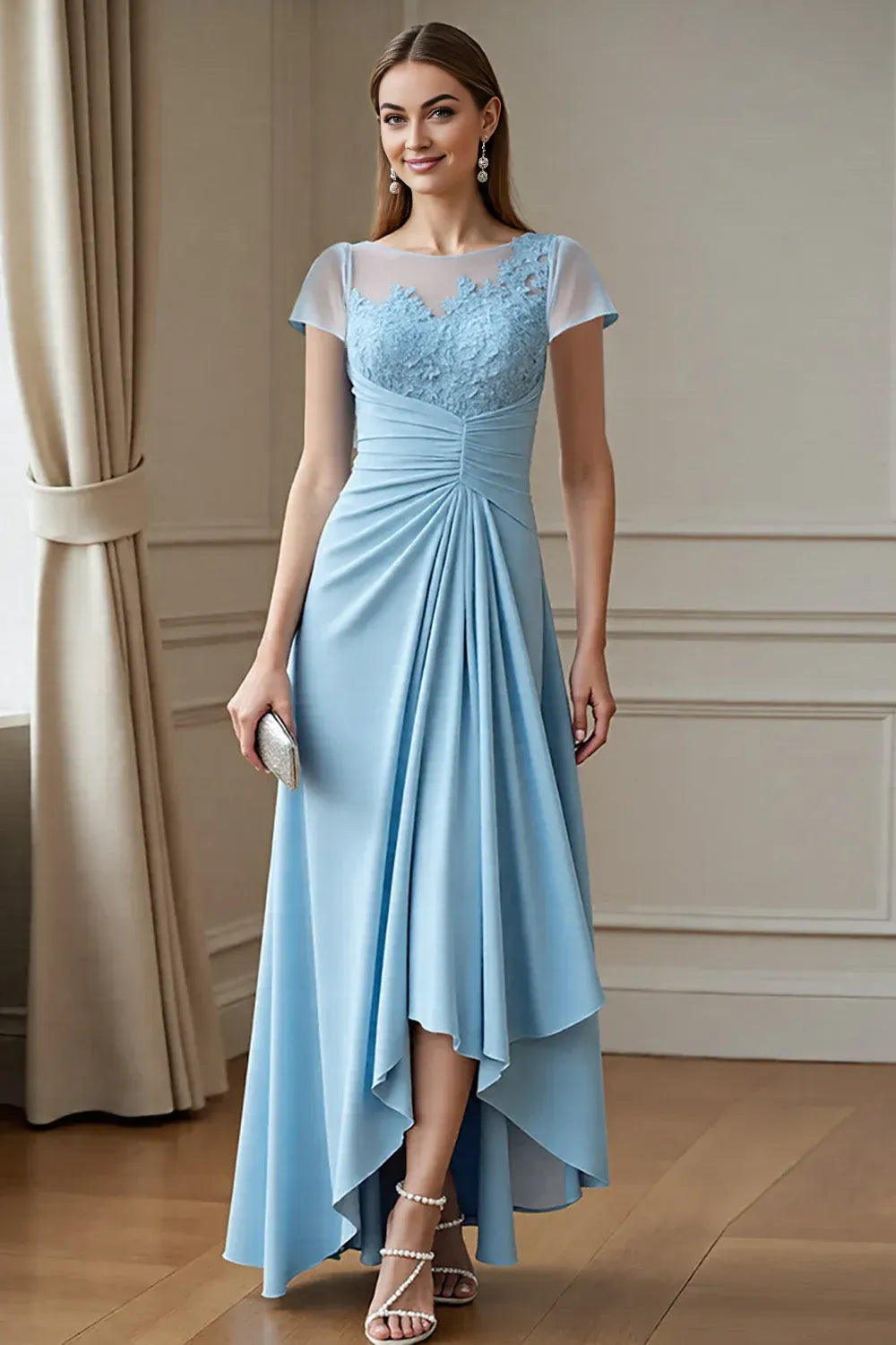 Graceful A-line Scoop Neck Cap Sleeve Ruched Floor-Length Mother of the Bride Dress