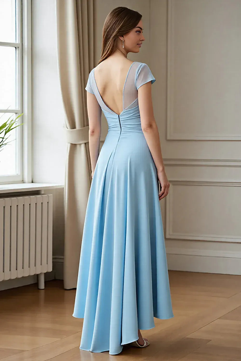 Graceful A-line Scoop Neck Cap Sleeve Ruched Floor-Length Mother of the Bride Dress