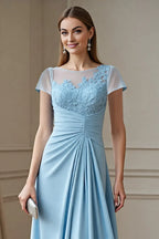Graceful A-line Scoop Neck Cap Sleeve Ruched Floor-Length Mother of the Bride Dress