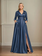 Graceful A-line V-Neck Long Sleeve Ruched Floor-Length Mother of the Bride Dress