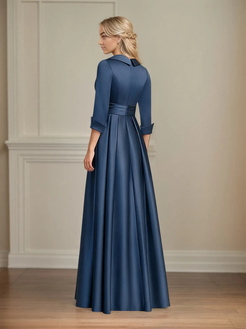 Graceful A-line V-Neck Long Sleeve Ruched Floor-Length Mother of the Bride Dress