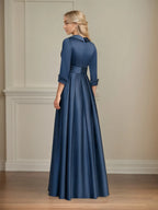 Graceful A-line V-Neck Long Sleeve Ruched Floor-Length Mother of the Bride Dress