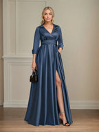 Graceful A-line V-Neck Long Sleeve Ruched Floor-Length Mother of the Bride Dress