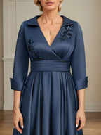 Graceful A-line V-Neck Long Sleeve Ruched Floor-Length Mother of the Bride Dress
