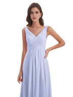 Graceful A-line V Neck Sleeveless Pleated Chiffon Floor Length Bridesmaid Dress