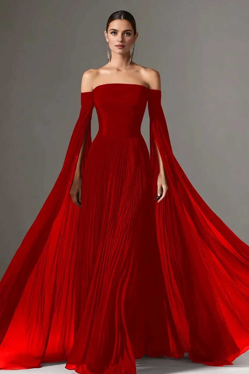 Graceful A Line Long Sleeve Off the Shoulder Pleated Floor-Length Prom Dress