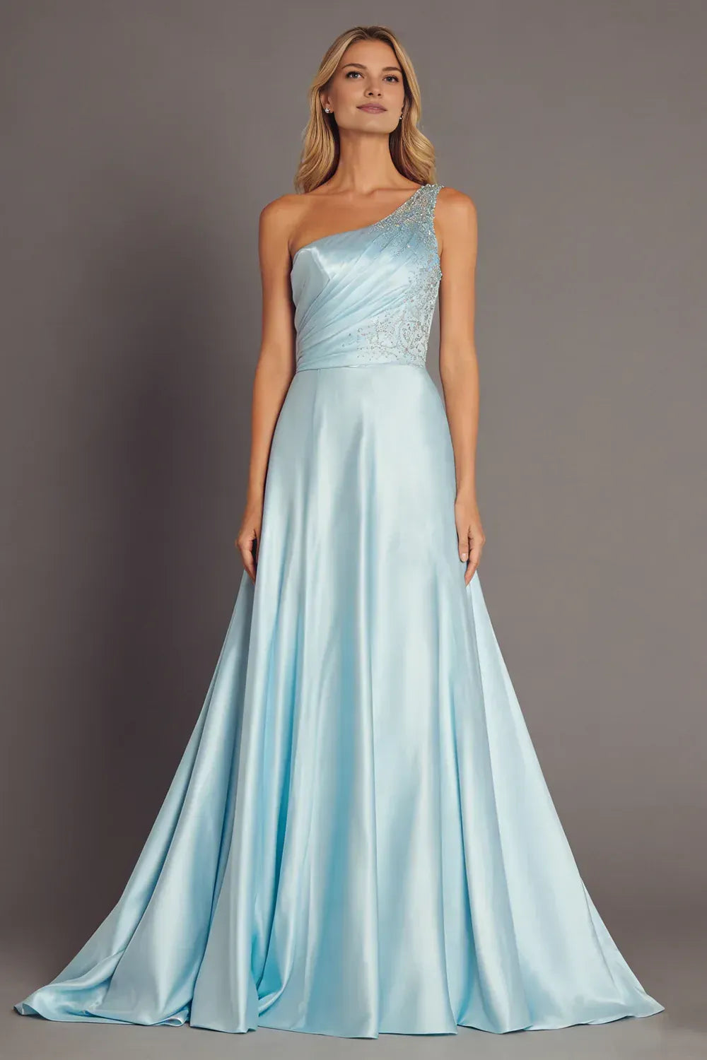 Graceful A Line One Shoulder Sleeveless Backless Pleated Floor-Length Prom Dress