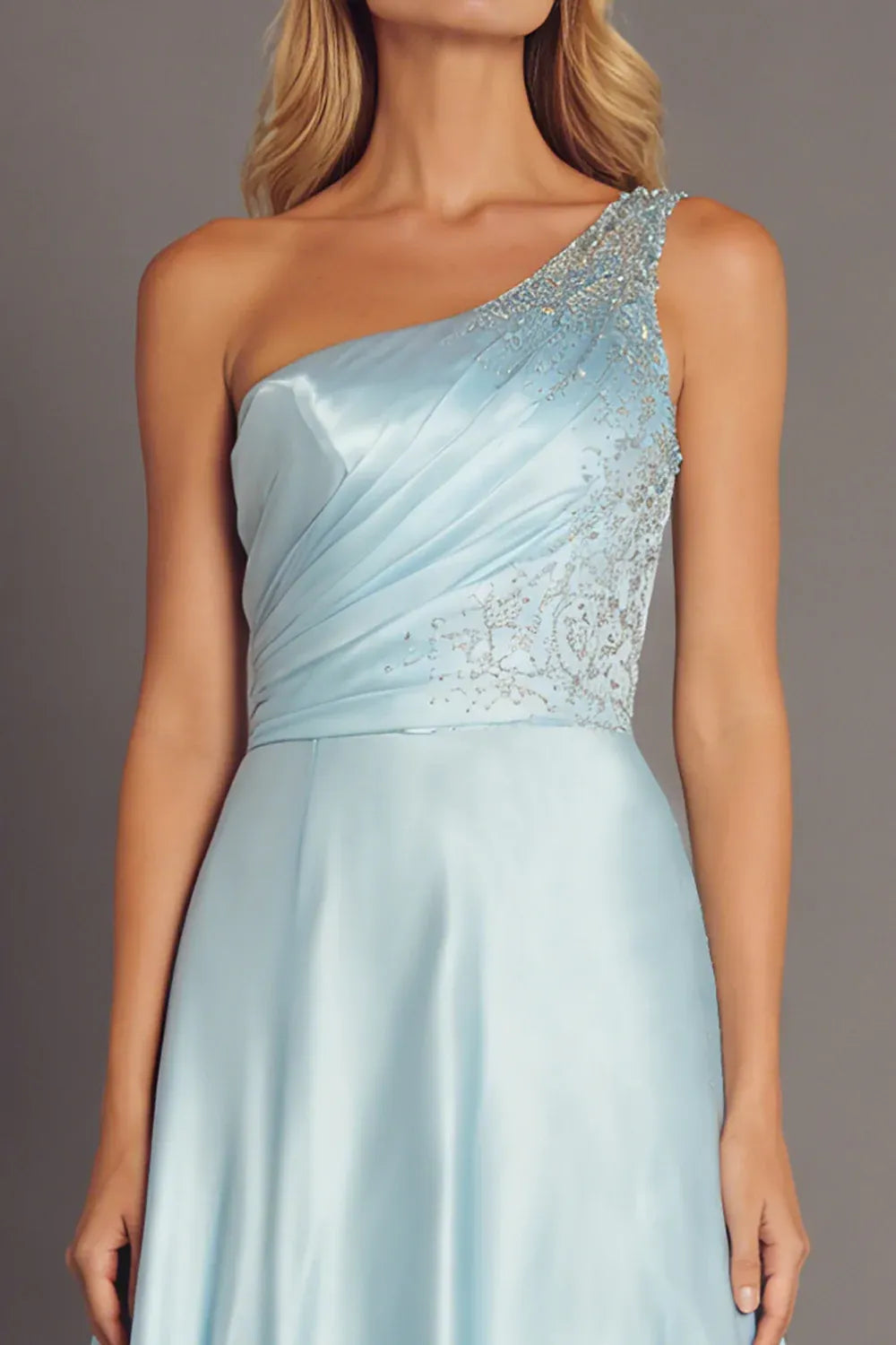 Graceful A Line One Shoulder Sleeveless Backless Pleated Floor-Length Prom Dress