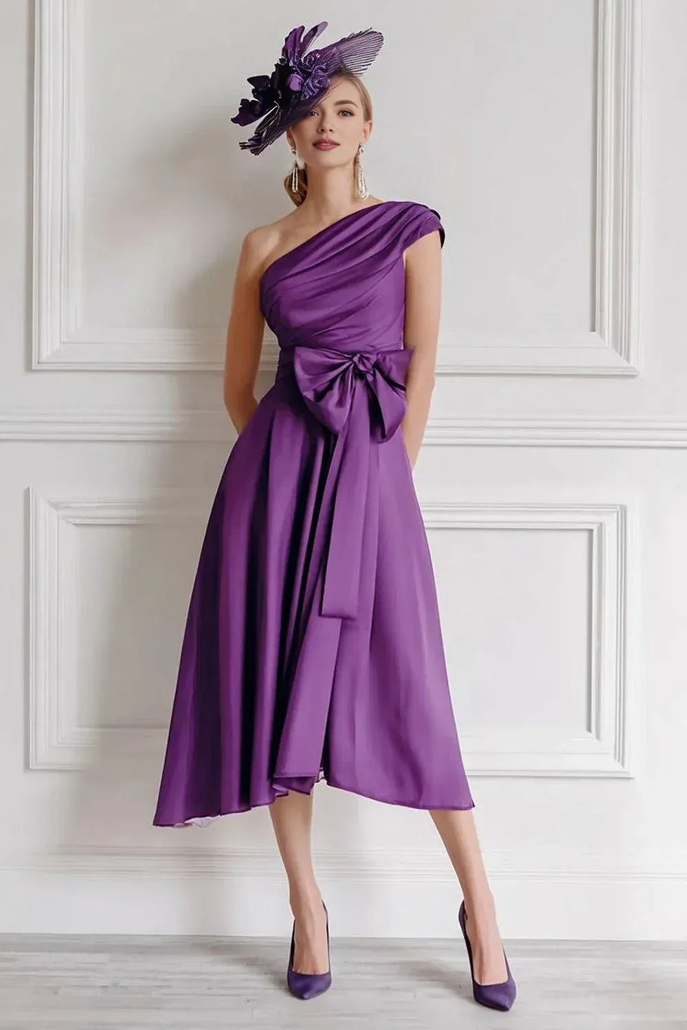 Graceful A Line One Shoulder Sleeveless Bow Tea-Length Mother of the Bride Dress