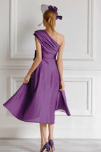 Graceful A Line One Shoulder Sleeveless Bow Tea-Length Mother of the Bride Dress