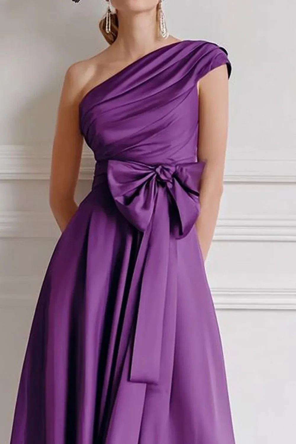 Graceful A Line One Shoulder Sleeveless Bow Tea-Length Mother of the Bride Dress