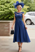 Graceful A Line Scoop Neck Pleated Tea-Length Mother Of The Bride Dress