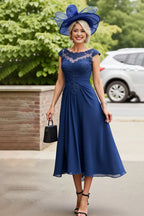 Graceful A Line Scoop Neck Pleated Tea-Length Mother Of The Bride Dress