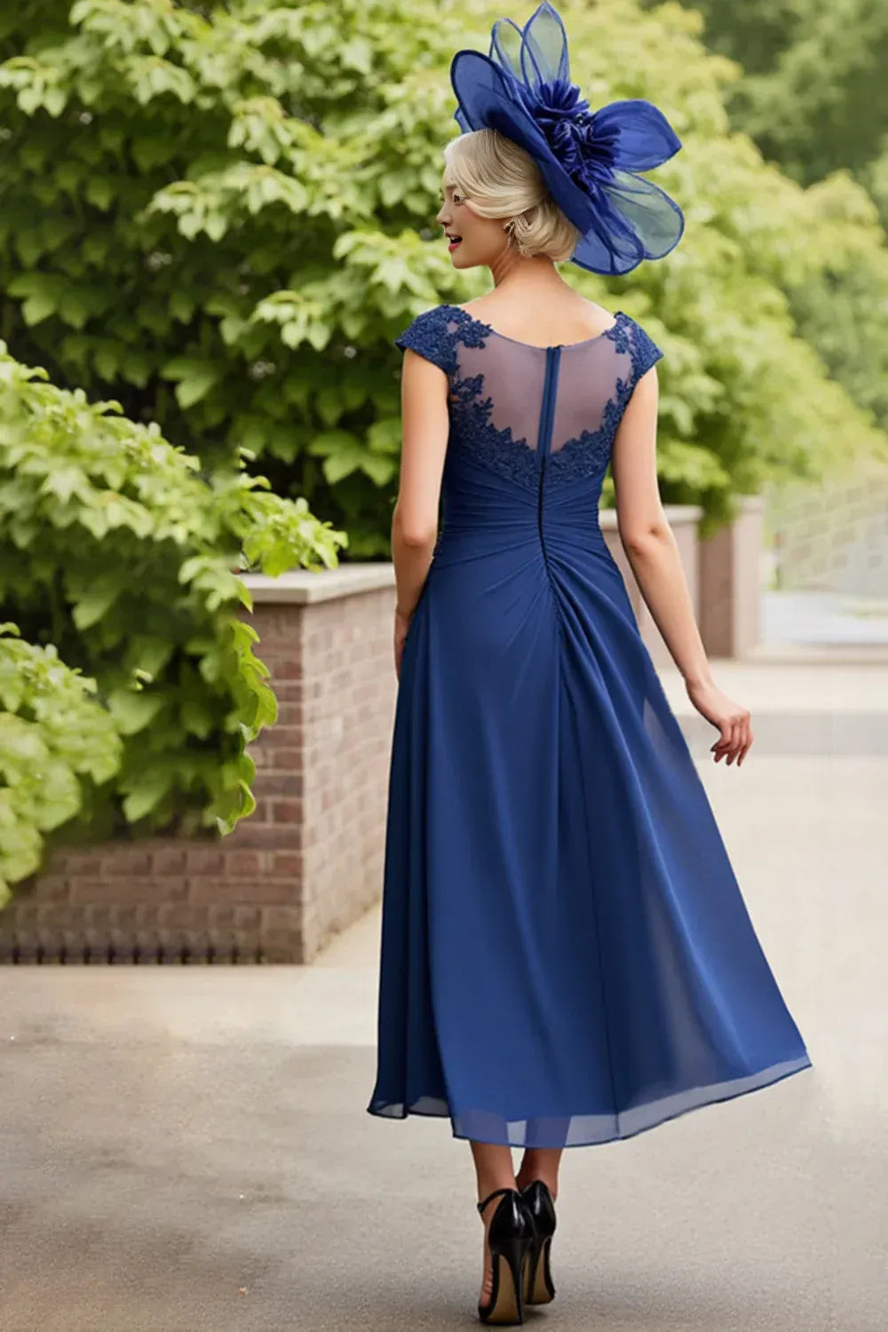 Graceful A Line Scoop Neck Pleated Tea-Length Mother Of The Bride Dress
