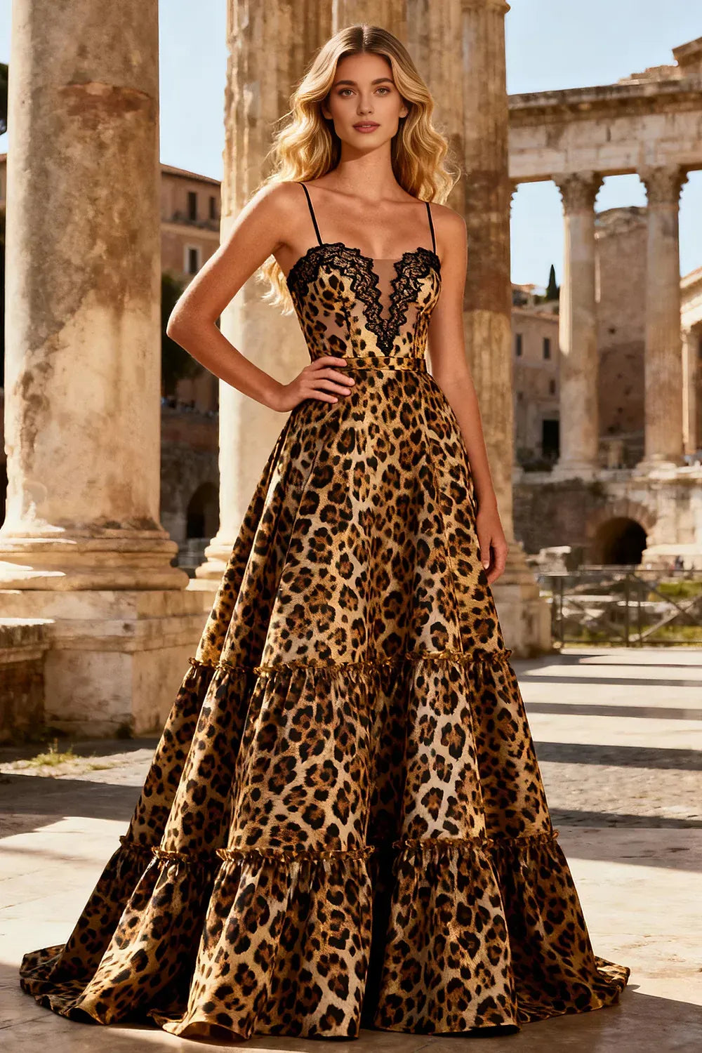Graceful A Line Spaghetti Straps Sleeveless Leopard Print Floor-Length Prom Dress