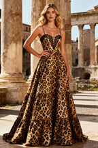 Graceful A Line Spaghetti Straps Sleeveless Leopard Print Floor-Length Prom Dress