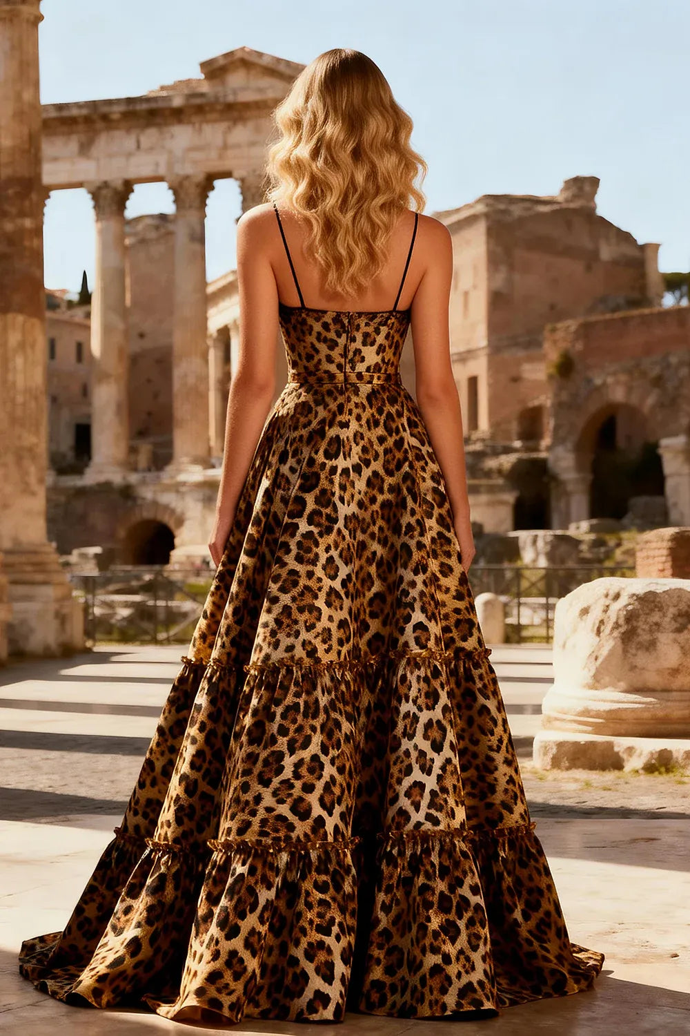 Graceful A Line Spaghetti Straps Sleeveless Leopard Print Floor-Length Prom Dress