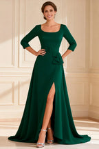 Graceful A Line Square Neck Long Sleeve Backless Slit Floor-Length Mother of the Bride Dress